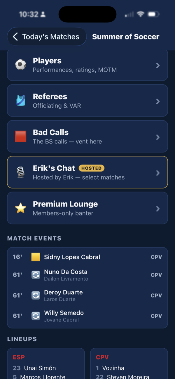 Match page with topic categories, match events, and lineups