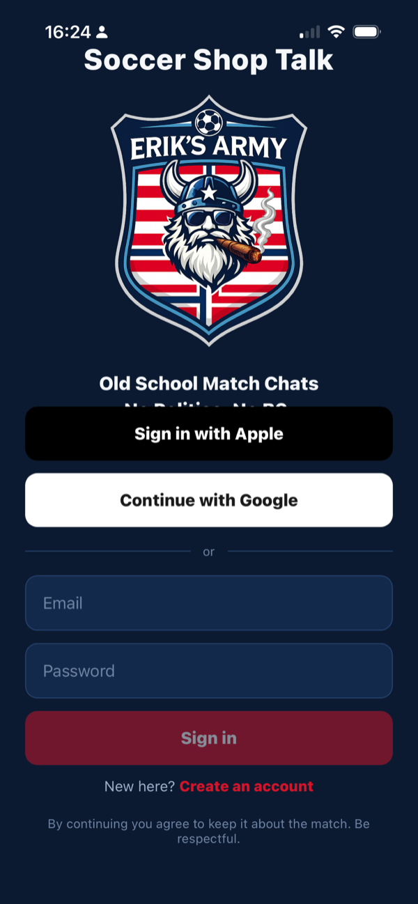 Erik's Army sign-in screen with Apple, Google, and email options