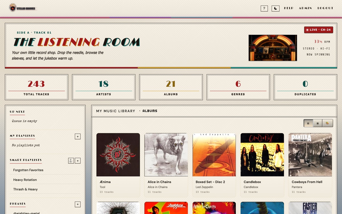 Stellar Grooves library overview with stats and track table