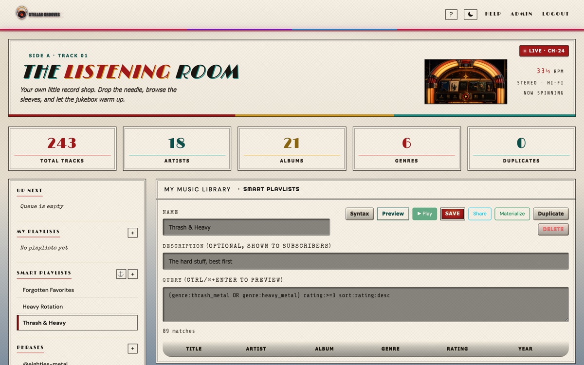 Smart playlist editor showing the query DSL and live match count